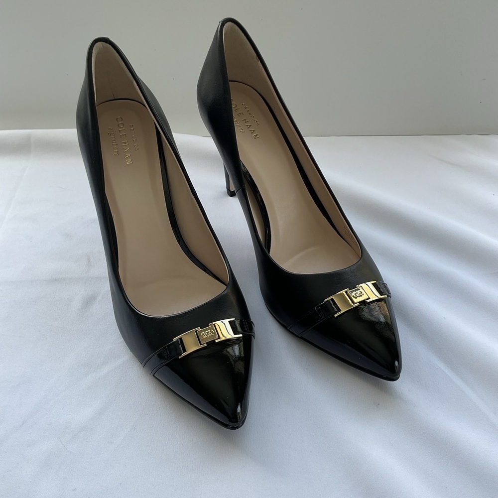 Cole Haan Grand Signature Black Patent Leather Stiletto Heels with Gold Detail